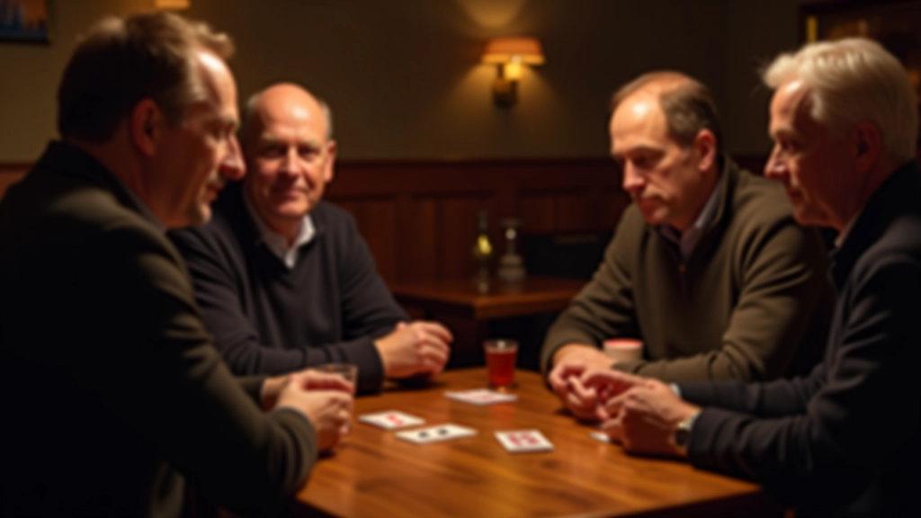 Group of adults playing mafia game around a table with cards and chips