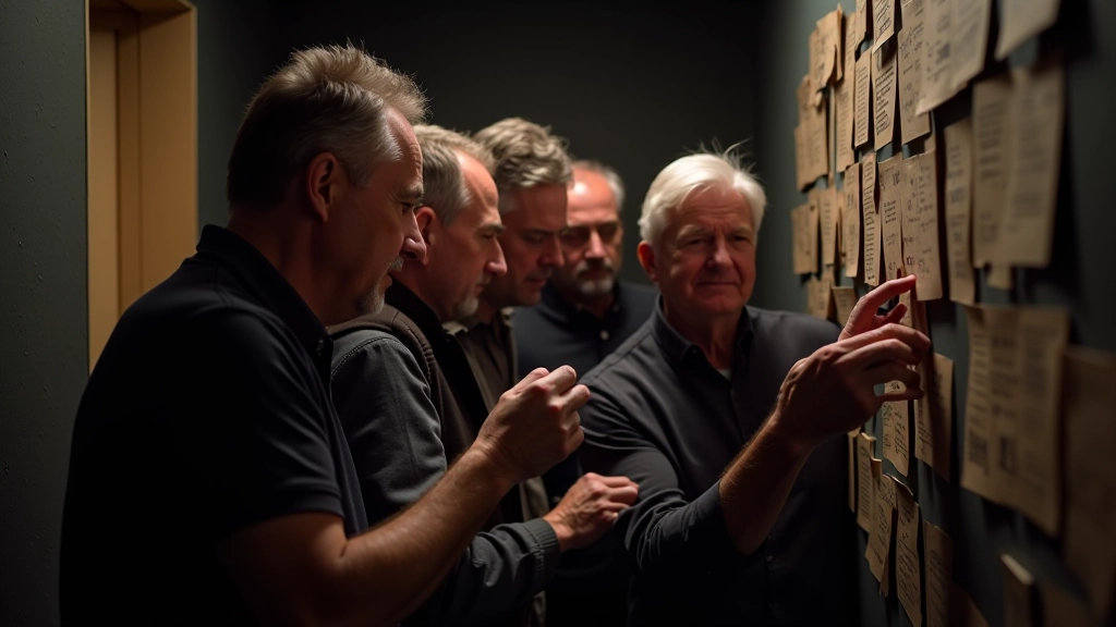 People examining clues and puzzles in an escape room environment