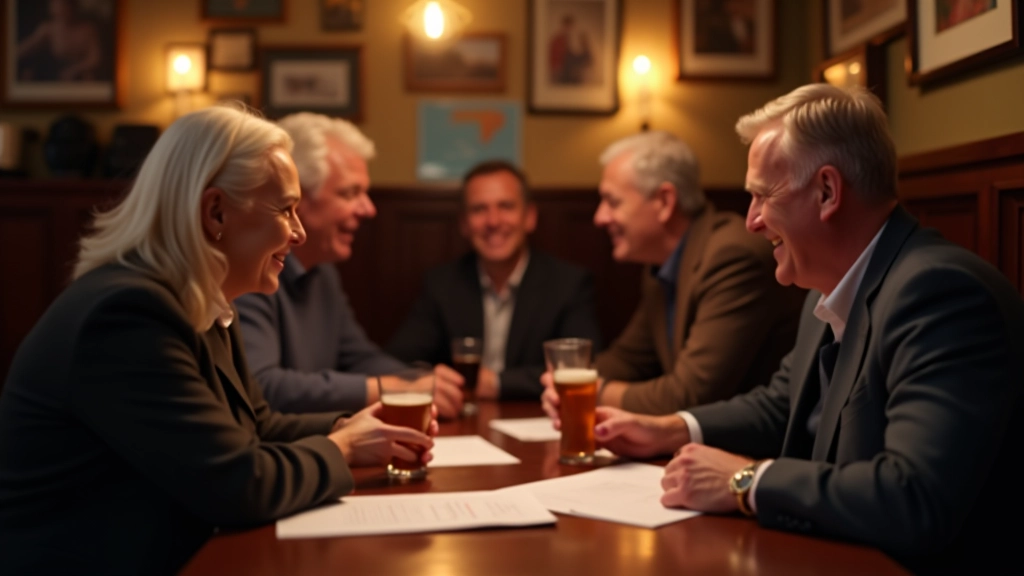 Group of adults laughing and celebrating a quiz night victory at a decorated pub table