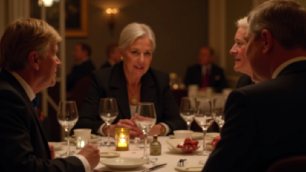 Adults in elegant formal wear having animated conversation over wine and dinner plates, with mystery game clue sheets visible on the table