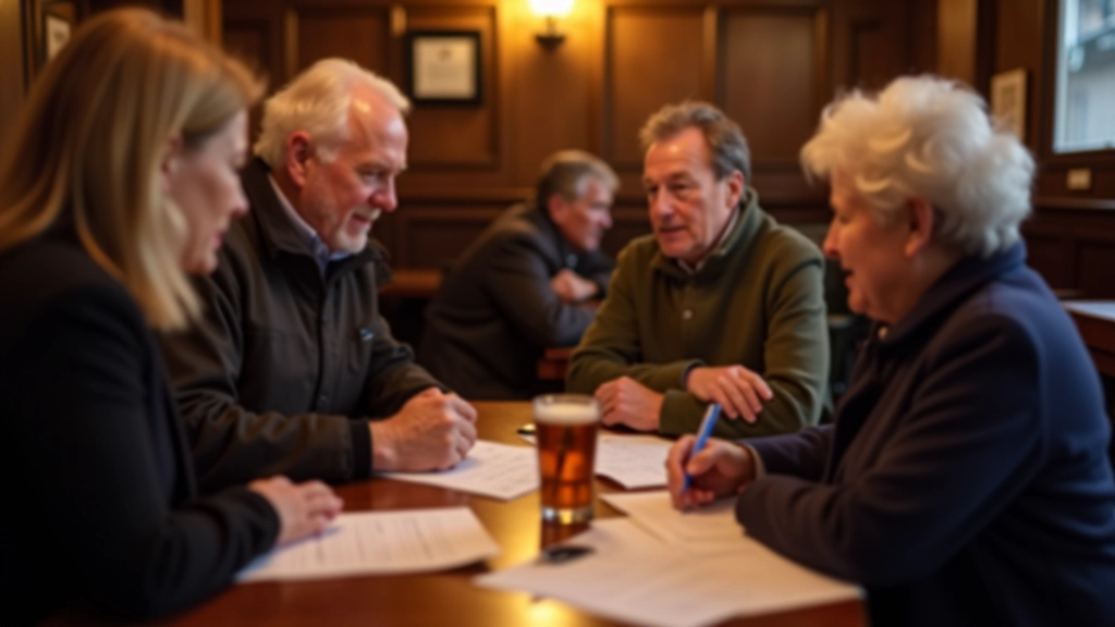 Team members discussing quiz answers at a pub quiz night table