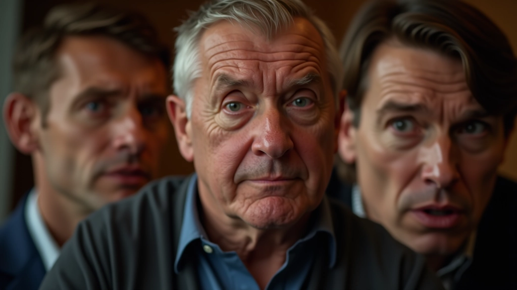 Close-up of mature adults' faces showing various expressions of concentration, suspicion, and strategic thinking during mafia game play