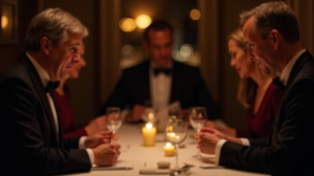 Group of adults aged 40-60 in formal attire gathered around a dinner table, examining clue cards and chatting during a mystery dinner game