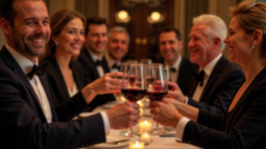 Group of people toasting with wine glasses after successfully completing a murder mystery dinner game, celebratory atmosphere