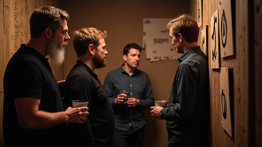 Team of five adults collaborating, pointing at a wall-mounted puzzle board and discussing strategy in an escape room setting
