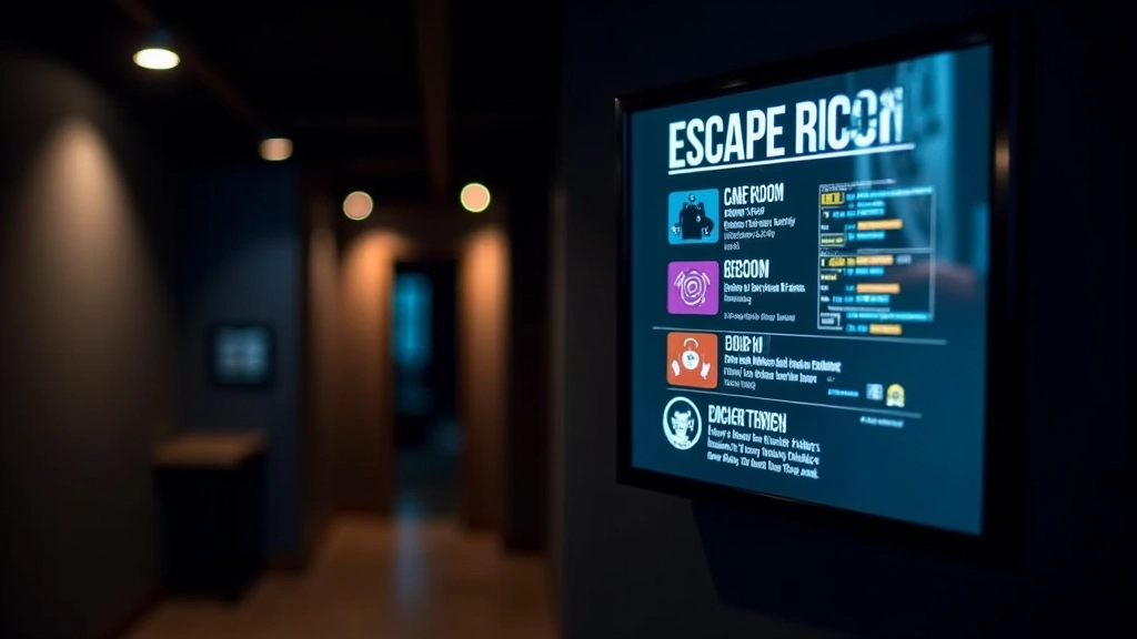 Wide view of an escape room entrance with themed decorations and a digital display showing difficulty ratings and player reviews