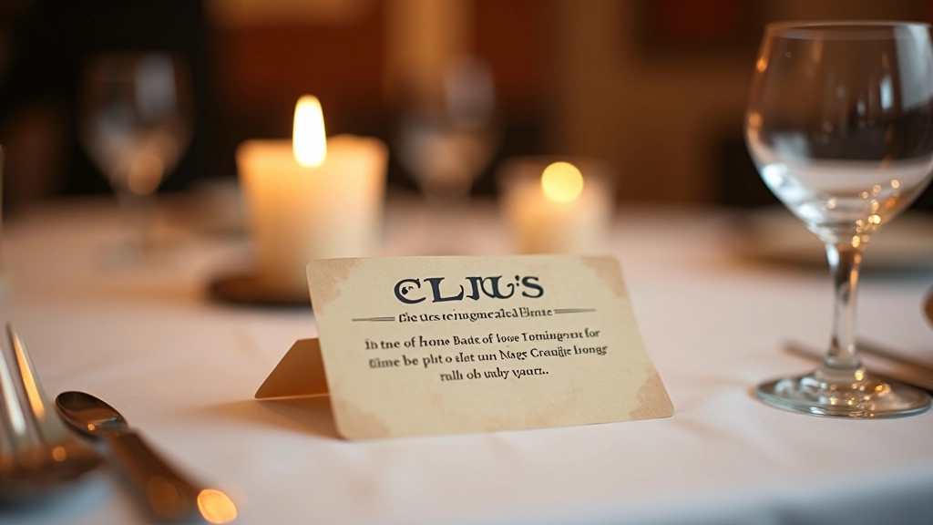 Close-up of mystery game clue card with handwritten notes, wine glass, and formal place setting visible, showing the investigative element