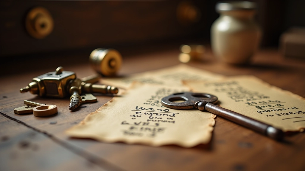 Close-up view of various puzzle locks, keys, and clue cards scattered on a wooden surface in an escape room